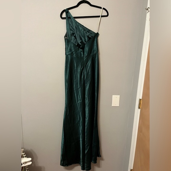 Jenny Yoo LENA Emerald Satin Back Crepe Elegant One-Shoulder Dress Size 4 - Picture 4 of 11
